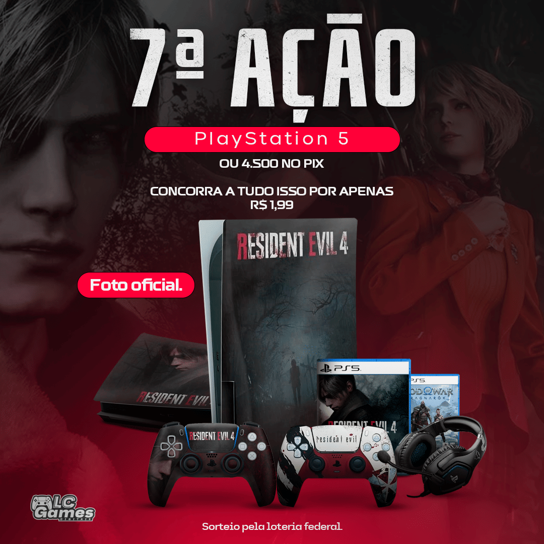 7ª Edição 1 PS5 TEMA RE4 + 1 GOW RAGNAROK + 1 RESIDENT EVIL 4 REMAKE + HEADSET + 1 CONTROLE RE4 OU PIX 4.500