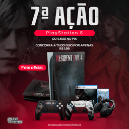 7ª Edição 1 PS5 TEMA RE4 + 1 GOW RAGNAROK + 1 RESIDENT EVIL 4 REMAKE + HEADSET + 1 CONTROLE RE4 OU PIX 4.500