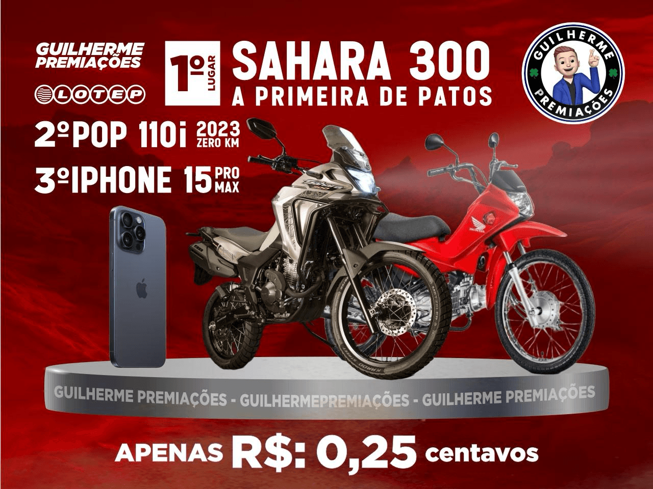 SAHARA + POP 110 + IPHONE 15 PRO MAX por Apenas R$ 0,25 centavos