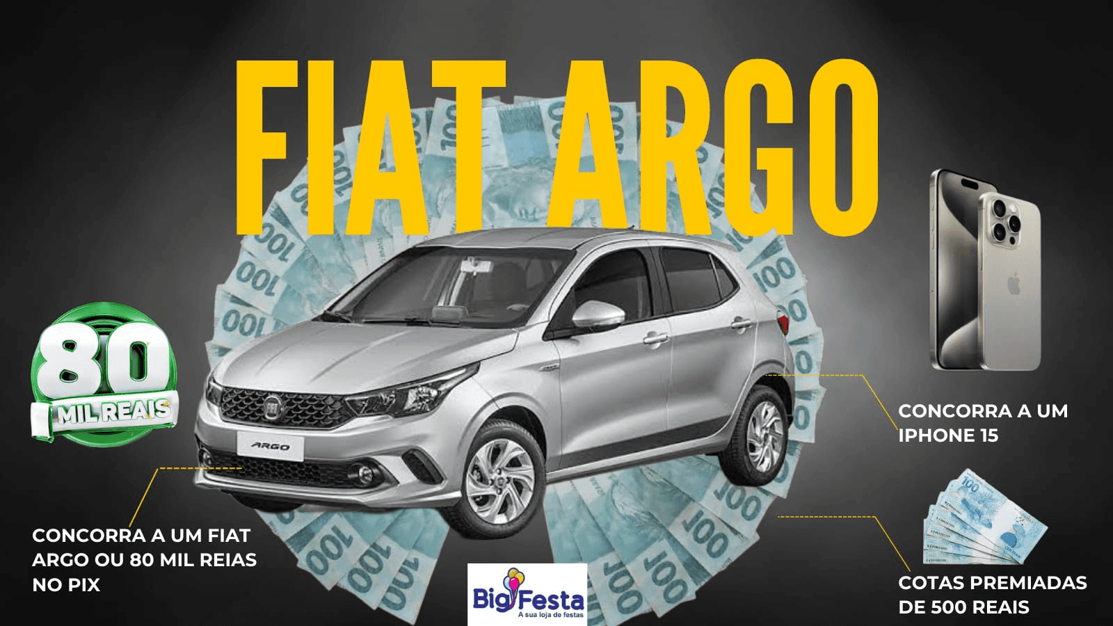 carro-zero-km-ou-rdollar-80mil-reaisro quilômetros. Sorteio pela Loteria federal após a venda de todas as cotas.