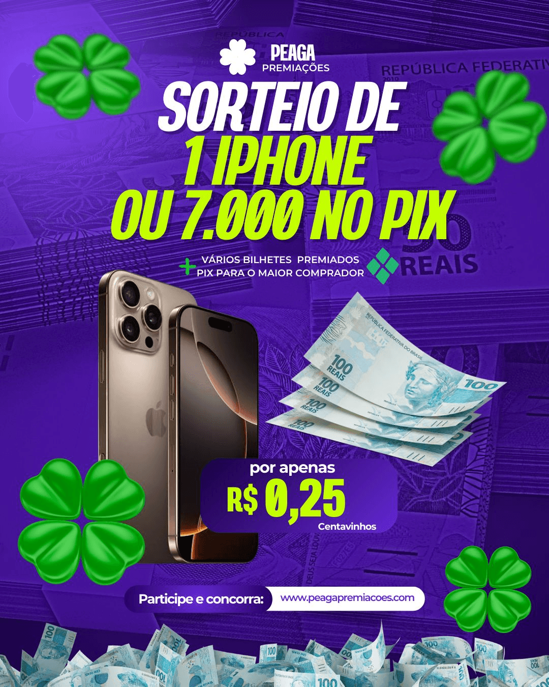 1º LUGAR – IPHONE 16 PRO MAX 256GB OU 7.000$ NO PIX  + VARIOS BILHETES PREMIADOS E PIX PARA O MAIOR COMPRADOR