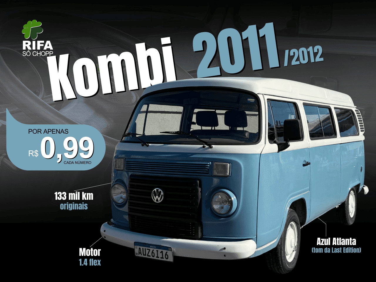 Essa linda Kombi pode ser sua, por menos de um cafezinho! Só R$ 0,99 pra participar da rifa!