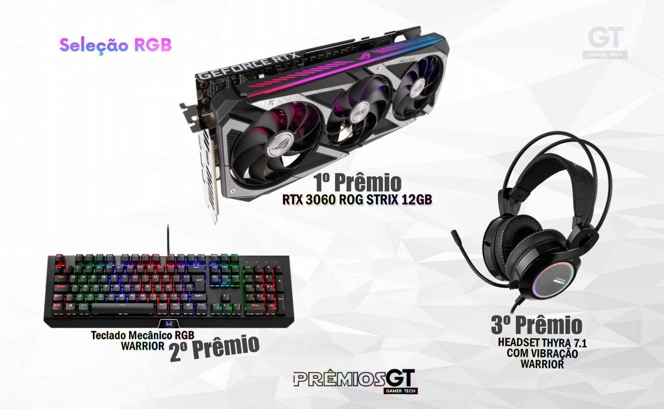 Placa de vídeo RTX 3060 ROG STRIX (sem LHR). Teclado mecânico. Headset com vibração.